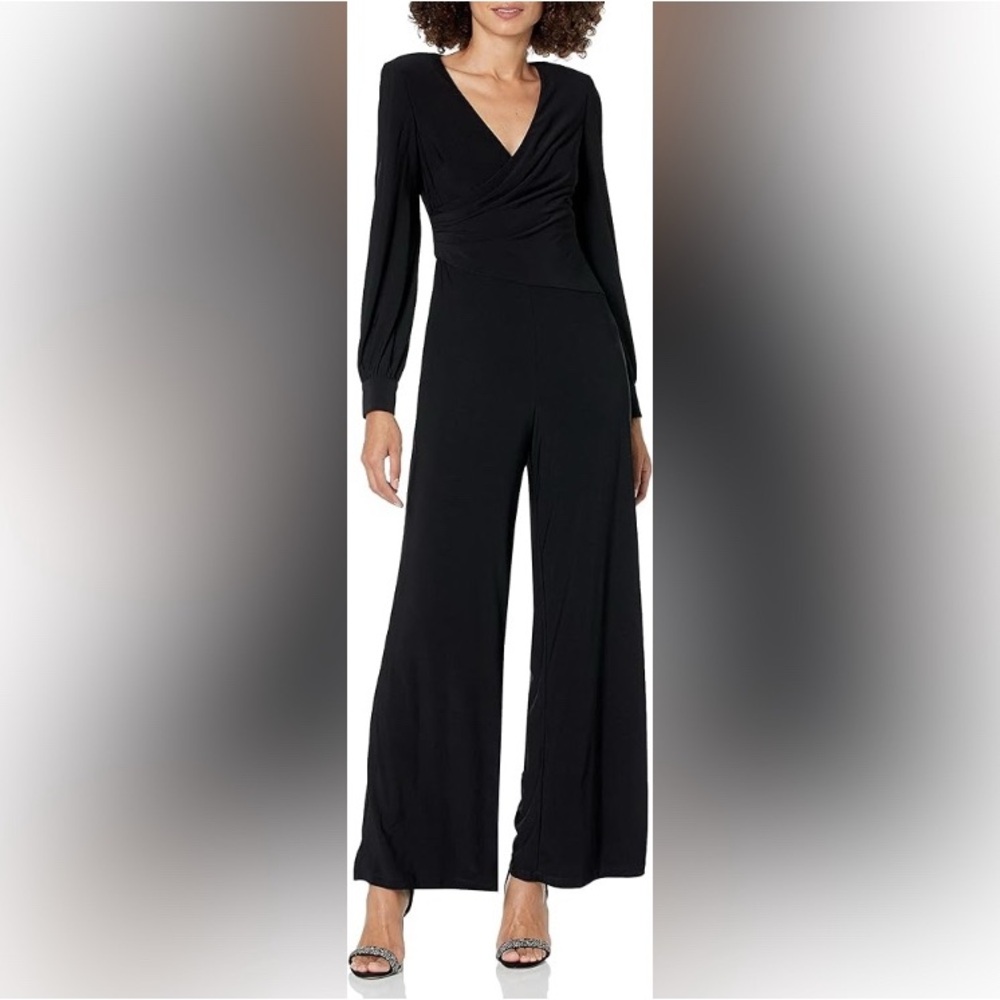 Adrianna Papell Women’s Size 2 Black Long Sleeve Matte Jersey Wide Leg Jumpsuit
